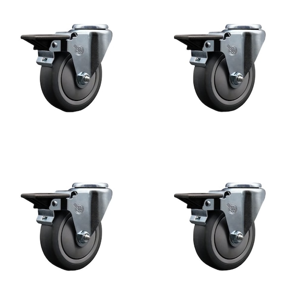 4'' Thermo Rubber Wheel Swivel Bolt Hole Caster Set with Posi Lock Brakes, 4PK